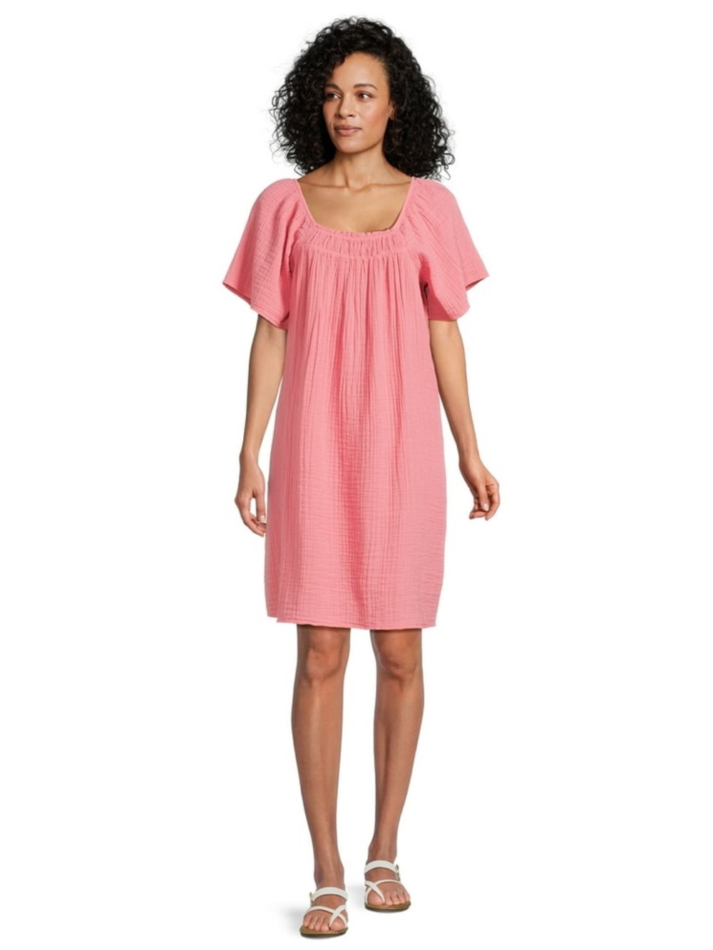 ✨NWT Time and Tru Textured Gauze Short Sleeve Peasant Mini Dress Coral Rose